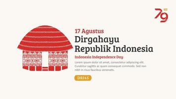 Indonesië onafhankelijkheid dag spandoek. hand getekend honai traditioneel huis met modieus stempel. 17 agustus viering vector