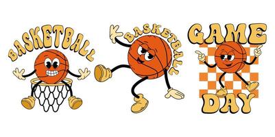 groovy karakter basketbal. reeks basketbal bal met opschrift tekenfilm modieus retro stijl. basketbal sticker. tekening grappig illustratie basketbal. vector