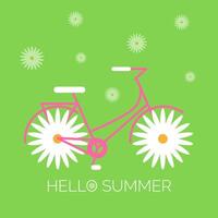 Hallo zomer banier illustratie, creatief fiets met madeliefje vormig wielen. vector