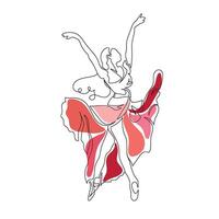 doorlopend lijn kunst tekening. ballet danser ballerina jumping in mooi rood roze en oranje jurk droom vector