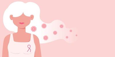 borst kanker bewustzijn maand voor ziekte het voorkomen campagne en vrouw met roze ondersteuning lint symbool Aan borst concept, illustratie vector