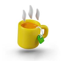 geel kop met heet drinken en draad thee label. concept van opwarming, genezing drinken vector