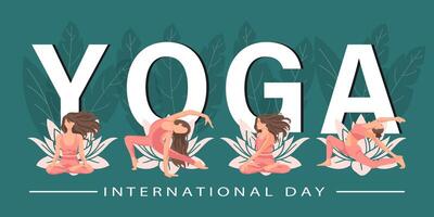 Internationale yoga dag. yoga poses reeks met brieven en lotus bloemen. een vrouw praktijken yoga. illustratie, poster, banier vector