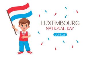 Luxemburg nationaal dag. banier met schattig weinig jongen met Luxemburg vlag in hand. vakantie illustratie. vector