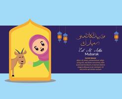 eid al adha achtergrond met illustratie van schattig weinig meisje moslim en offer geit vector