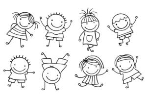 hand getekend lijn kunst tekenfilm van gelukkig kinderen. kinderen illustratie. kinderen tekening illustraties vector