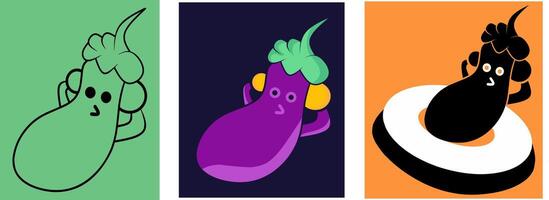 schattig logo icoon van een Purper aubergine mascotte ontspannend, verdeeld in 3 logo variaties vector
