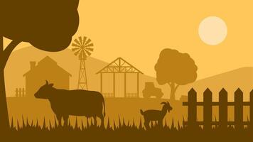 landschap illustratie van boerderij silhouet met koe en geit vector