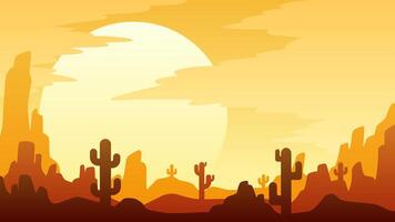 landschap illustratie van wild west woestijn met zonsondergang lucht vector