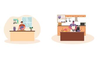 verzameling van mensen Koken in keuken, portie tafel, dining samen, aan het eten voedsel vector
