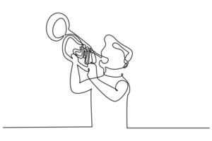 jongen jong leerling spelen trompet musical instrument lijn kunst vector