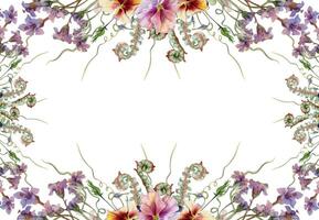 hand- getrokken waterverf illustratie botanisch bloemen bladeren. mauve viooltje altviool, wilg eucalyptus, Bergenia heliotroop longkruid, Woud varen schieten. kader geïsoleerd Aan wit. ontwerp bruiloft, kaarten vector