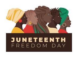 juneteenth kaart ontwerp. vier verschillend Afrikaanse Amerikanen in profiel met tekst. vlak illustratie vector