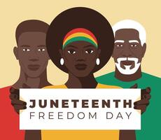 juneteenth kaart ontwerp. drie verschillend Afrikaanse Amerikanen met tekst poster. vlak illustratie vector