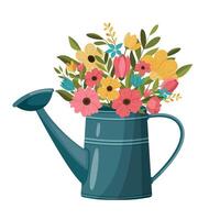 boeket van bloemen in een blauw gieter kan. vector