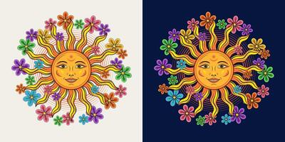 circulaire etiket met zon met glimlachen gezicht. verspreide in de omgeving van weinig kamille bloemen. groovy hippie retro boho stijl. kleding, kleding, t-shirts, kinderen ontwerp vector