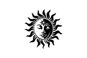wijnoogst mystiek zon met gezicht wijnoogst logo ontwerp illustratie. vector