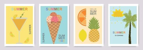 reeks van schattig modern zomer affiches, kaarten. ijs room, fruit, cocktails, palm. interieur afdrukken voor een kinderen kamer. illustratie van zomer vakantie, reis, vakantie, muur kunst. vector