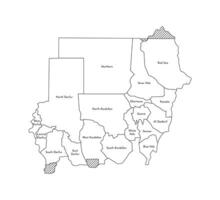 geïsoleerd illustratie van vereenvoudigd administratief kaart van Soedan. borders en namen van de Regio's. zwart lijn silhouetten. vector
