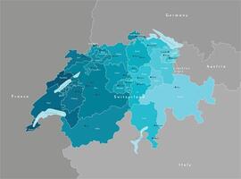 modern illustratie. vereenvoudigd administratief kaart van Zwitserland en borders naburig landen. licht blauw vormen van meren. namen van Zwitsers steden en Regio's, kantons vector