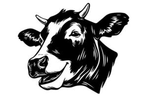 gelukkig Holstein glimlachen koe hoofd logo in wijnoogst stijl illustratie. vector