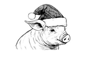 Kerstmis varken in de kerstman hoed hand- getrokken inkt schetsen. gegraveerde stijl illustratie. vector