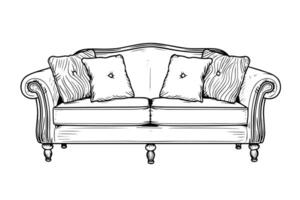 wijnoogst sofa hand- getrokken inkt schetsen. gravure stijl illustratie. vector