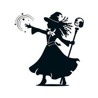 de zwart silhouet van een goochelaar meisje, ze staat met haar arm uitgestrekt vormen magie en een mooi personeel in de ander, haar haar- is dreadlocks fladderend in de wind. zwart 2d vector