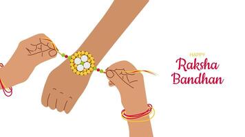 gelukkig raksha bandhan Indisch festival rakhi spandoek. zus banden armband Aan haar broers arm. groet kaart uitnodiging ontwerp web ontwerp. illustratie. vector