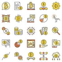 bitcoin gekleurde pictogrammen set. gedecentraliseerd cryptogeld en blockchain concept tekens vector