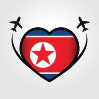 noorden Korea reizen hart vlag met vliegtuig pictogrammen vector