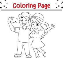 schattig weinig jongen meisje nemen selfie kleur boek bladzijde voor volwassenen en kinderen vector