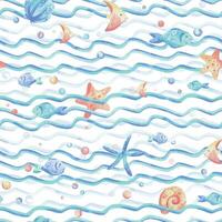 zee golven, divers vis, zeester, schelpen en bubbels. hand- getrokken waterverf illustratie in blauw en koraal kleuren. naadloos patroon, kinderachtig, schattig, teder gemakkelijk voor textiel en kinderkamer decoratie vector