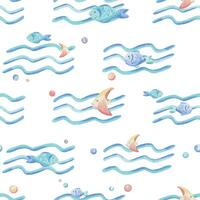 zee golven, divers vis en bubbels. hand- getrokken waterverf illustratie in blauw en koraal kleuren. naadloos patroon, kinderachtig, schattig, zacht, gemakkelijk voor textiel en kinderkamer decoratie vector