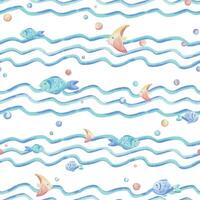 zee golven, divers vis en bubbels. hand- getrokken waterverf illustratie in blauw en koraal kleuren. naadloos patroon, kinderachtig, schattig, zacht, gemakkelijk voor textiel en kinderkamer decoratie vector