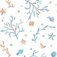 zee koralen, algen, schelpen, zeester, vis en bubbels. hand- getrokken waterverf illustratie in blauw en koraal kleuren. naadloos patroon, kinderachtig, schattig, teder gemakkelijk voor textiel en kinderkamer decoratie vector