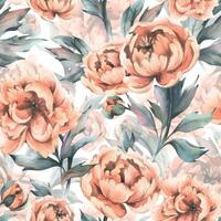 pioen bloemen met bloemknoppen en bladeren met vliegend vlinders in pastel perzik dons kleur. hand- getrokken botanisch waterverf illustratie. romantisch, schattig, mooi, naadloos patroon, herhalen ornament vector