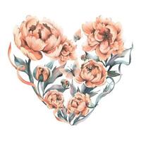 delicaat bloemen, bloemknoppen en bladeren van perzik en roze pioenen met vlinders in een wijnoogst stijl. hand- getrokken waterverf illustratie. samenstelling in de vorm van een hart geïsoleerd van achtergrond. vector