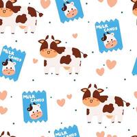 naadloos patroon tekenfilm koe met melk snoep. schattig dier behang voor textiel, geschenk inpakken papier vector