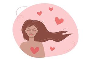illustratie van een vrouw met lang roze haar, harten in de omgeving van haar hoofd, en een zoet gebaar. haar kapsel, wimpers, wenkbrauwen, wangen, lippen, en kin zijn prachtig gedetailleerd vector