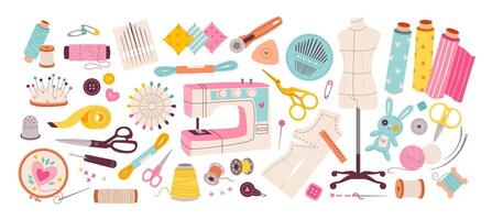 naaien en borduurwerk verzameling. naaien machine, draden en naalden voor handwerk. naaien hulpmiddelen, uitrusting en accessoires vector