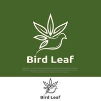 vliegende vogel logo lijnstijl marihuana blad illustratie, natuurlijk abstract label ontwerp sjabloonontwerp vector