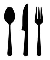 bestek silhouetten illustratie. lepel, mes, en vork pictogrammen. keuken accessoires elementen vector