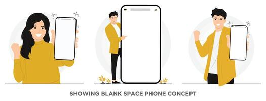 vlak gelukkig Mens en vrouw tonen blanco ruimte telefoon borden reclame concept illustratie vector