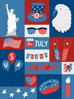 verticaal grafisch poster met nationaal symbolen van Verenigde Staten van Amerika onafhankelijkheid dag. meetkundig groet kaart voor 4e van juli. patriottisch elementen in vlak tekenfilm stijl. retro wijnoogst kleuren. illustratie. vector