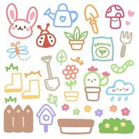 schattig tekening hand- getrokken kinderen set. kleurrijk element van konijn, paddestoel, cactus, lieveheersbeestje, gieter kan en bloemen. vector