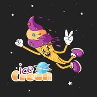 groovy ijs room tekenfilm karakter, zege teken. grappig retro ijs in wafel kop met vrede ijs snoepgoed mascotte, tekenfilm sticker van jaren 70 80s stijl illustratie zwart poster reclame vector