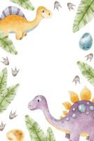 schattig baby dino's, voetafdrukken, eieren en bladeren. kinderachtig achtergrond van dinosaurussen. waterverf kader voor ontwerp kinderen goederen, baby douche, kaarten, plakboek, kantoor benodigdheden vector