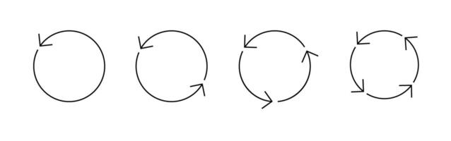 reeks van cirkel pijlen geïsoleerd. circulaire draaien pijl en spinnen bezig met laden symbool. verschillend circulaire pijlen van zwart kleur, verschillend dikte en maat. vector