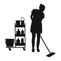 hulp in de huishouding met dweilen en kar voor schoonmaak de kamer, zwart silhouet vector